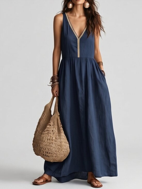 By Design Dresses & Skirts - Boho Chic Cotton Sleeveless Maxi Dress with Embroidery And Pockets